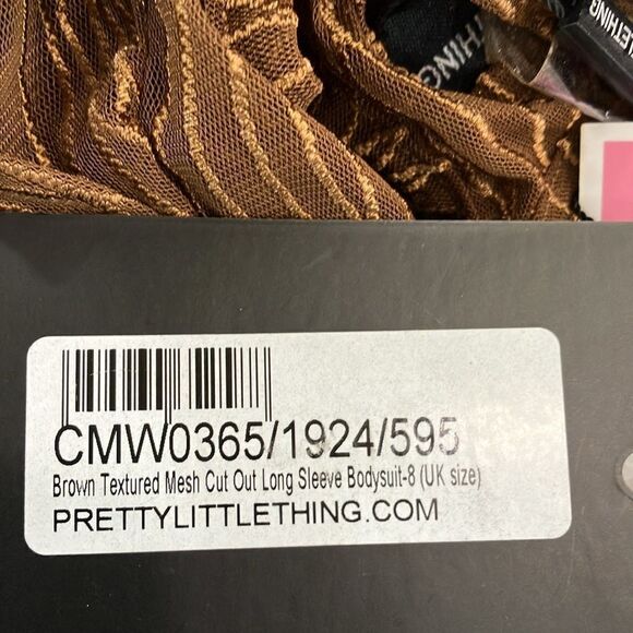 NWT PrettyLittleThing 4 Sheer/Gold Brown Texture Mesh Cut Out Lng Sleve Bodysuit - Picture 3 of 12